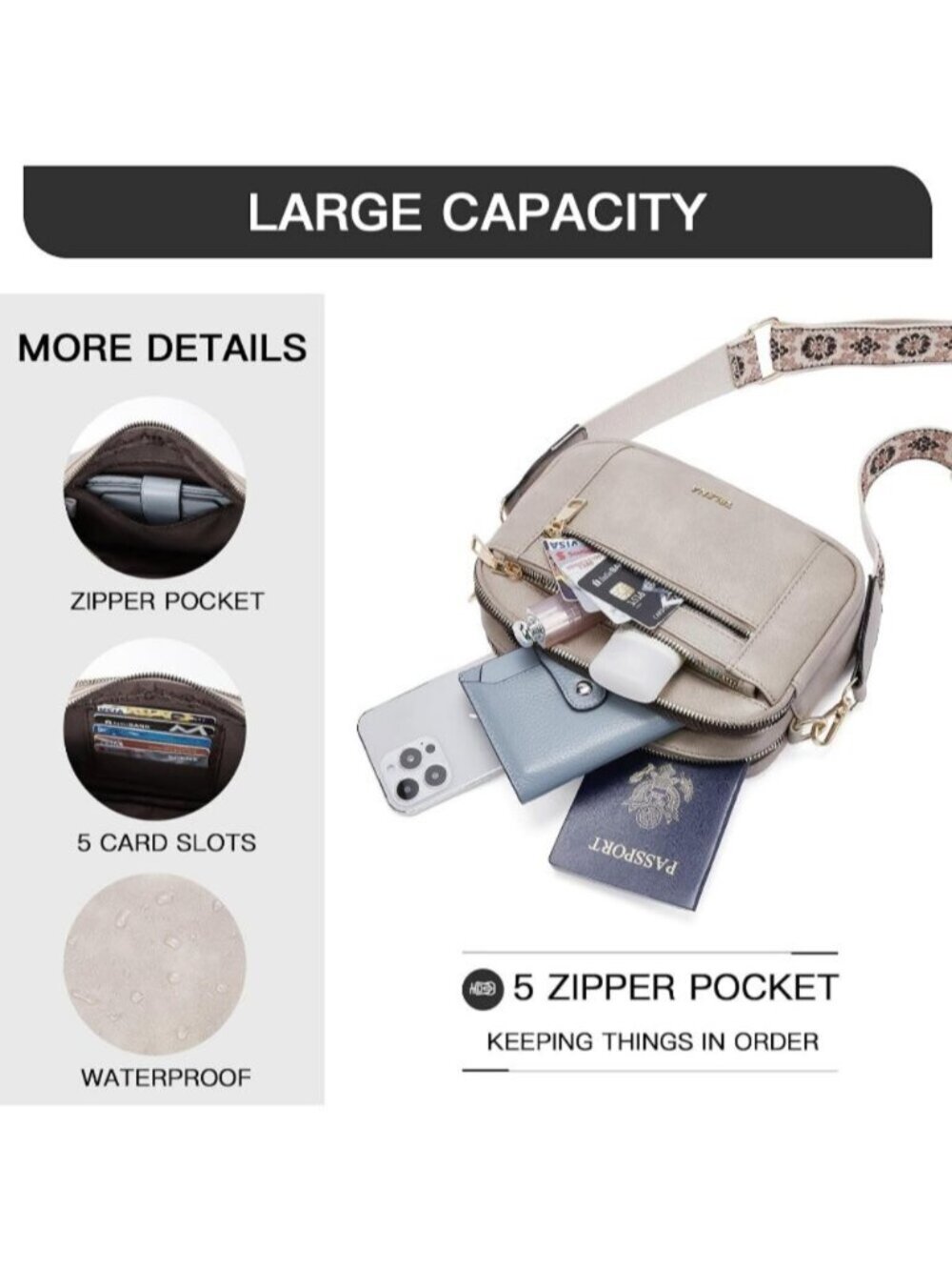 〽️Women's Grey Adjustable Wide Striped Vegan Leather Purse Crossbody Bags - Picture 5 of 6